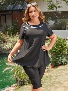 Swim Shayni 2pcs Plus Size Women Black Short Sleeve Modest Tankini Swimsuit Set,Beach Outfits For Woman For Summer Beach Vacation
