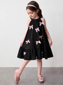 SHEIN Young Girl Woven Sleeveless Midi A-Line Cake Dress With Pink Bow Decor,Summer 7th Birthday Princess Party Wear,Mom & Daughter Matching Family Outfits - Black - View 6