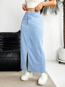 SHEIN Essnce Falda vaquera casual larga con bolsillos y dobladillo con abertura para mujeres