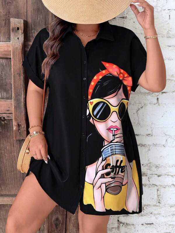 SHEIN LUNE Plus Size Women Casual Character Print Button Front Shirt Dress