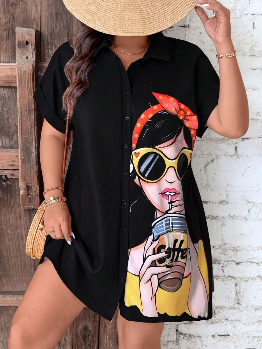EMERY ROSE 大码女式休闲人物印花纽扣前开襟衬衫裙 - 黑色 - 查看 1