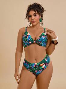 Travachic Plus Size Tropical Print Twist Front Bikini Top: Green Knitted Fabric, Spaghetti Strap, Sleeveless, Casual Style For Summer