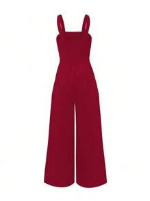 INAWLY Plus Size Women's Solid Color Vacation Loose Pocket Wide Leg Jumpsuits - Burgundy - View 4
