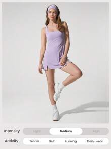 GLOWMODE Quick-Dry Match Point Peekaboo Flattering Seam Front Slit Square Neck Racerback Active Dress With Built-In Shorts Side Pockets Non-Slip Grips Low Impact Tennis Golf Pickleball Daily Wear - Lilac Purple - View 8