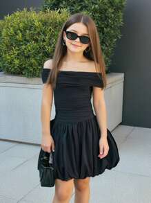 SHEIN Nova Glow Tween Girls' Casual Solid Color Patchwork Off Shoulder Splice Dress