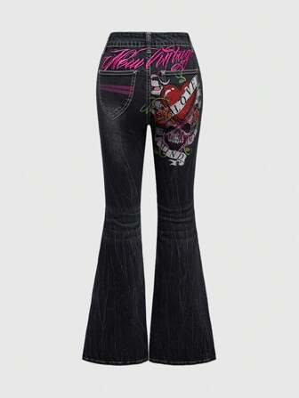 Goth Y2K Vintage Tattoo Style Skull, Rose Flower & Heart Patchwork Embroidery Jeans
