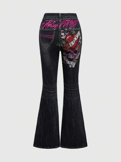 Goth Y2K Vintage Tattoo Style Skull, Rose Flower & Heart Patchwork Embroidery Jeans