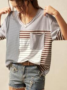 Bohemela Knit Striped Patchwork Loose Fitting Women Short Sleeve T-Shirt