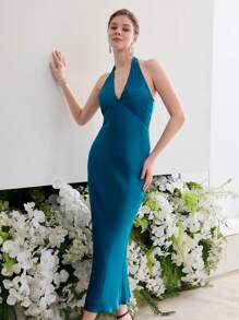 MOTF PREMIUM SILK HALTER SLEEVELESS MIDI DRESS - Blue - View 3