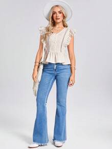 SHEIN LUNE Summer Countryside Vacation Ruffles French Lace Splicing Shirt, Suitable For Valentine's Day, Wedding - Apricot - View 2
