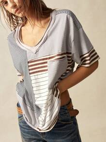 Bohemela Knit Striped Patchwork Loose Fitting Women Short Sleeve T-Shirt