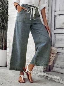 EMERY ROSE Vacation Casual Washed Wide Leg Jeans - Dusty Blue - View 1