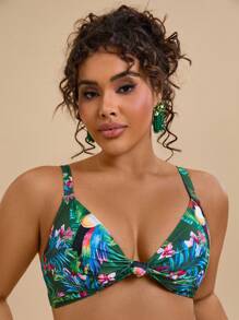 Travachic Plus Size Tropical Print Twist Front Bikini Top: Green Knitted Fabric, Spaghetti Strap, Sleeveless, Casual Style For Summer