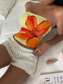 Aloruh 女士休闲弹力抹胸上衣，橙色花卉印花，适合夏季、热带花卉、音乐节、夏威夷印花、度假 - 彩色 - 查看 6