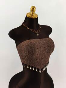 Amplova Gyaru Concert Women Vacation Woman Boho Vacation Summer Western Resort Style Knit Jacquard Beaded Tassel Crop Top - Coffee Brown - View 3