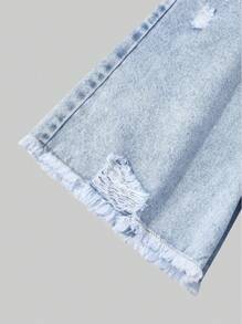 SHEIN NEUE Tween Mädchen Mode Zerrissene Locker Sitzende Knielanges Hose, Leichter Weicher Gewaschener Denim Stoff, Bequem & Vielseitig, Perfekt für Alltägliche Ausflüge, Frühling/Sommer, Schule, Campus, Uni - Helle Waschung - Übersicht 3