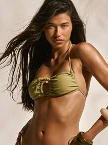 Musera Resort Halterneck Ruched Tie Front Bikini Top Only Beach Swimwear Vacation Summer Holiday Cute Sexy Ibiza Elegant Marine - Brown - View 1