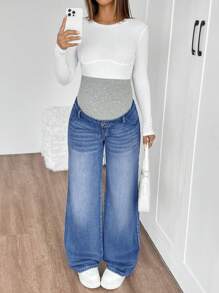 SHEIN Maternity Knitted Waist Support Relaxed Fit Straight Leg Jeans