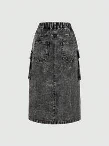 Nuova gonna cargo nera casual e comoda per ragazze pre-adolescenti, in tessuto morbido e lavato, non elasticizzata, con spacchi e tasche funzionali, sottile e traspirante, nuova collezione primavera/estate 2025, adatta per uso quotidiano - nero - Visualizzare 3