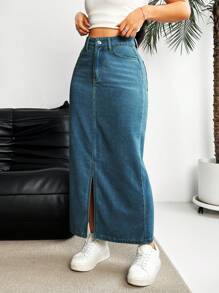 SHEIN Essnce Casual Washed-Effect Front-Slit Long Denim Skirt - Blue - View 6