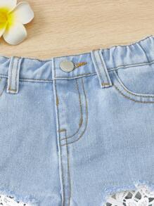 SHEIN Shorts jeans casual com bolso contrastante e franjas na bainha para meninas