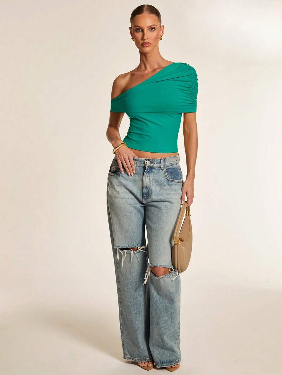 Glamine Women's Asymmetrical Drawstring Ruched Open Shoulder Elegant Knit Top - Green - View 1