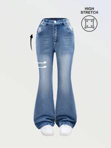 SHEIN NEW Girls Water-Washed Soft & Comfy Casual Vacation Fashion Street Pop Style Water-Washed Distressed Stretch Flare Jeans, Spring/Summer Lightweight Cool 2025 Spring/Summer New Product Suitable For Daily Outing - Light Wash - View 7