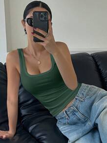 DAZY 女士休闲百搭纯色绿色背心 - 墨綠色 - 查看 10