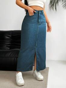 SHEIN Essnce Casual Washed-Effect Front-Slit Long Denim Skirt - Blue - View 4