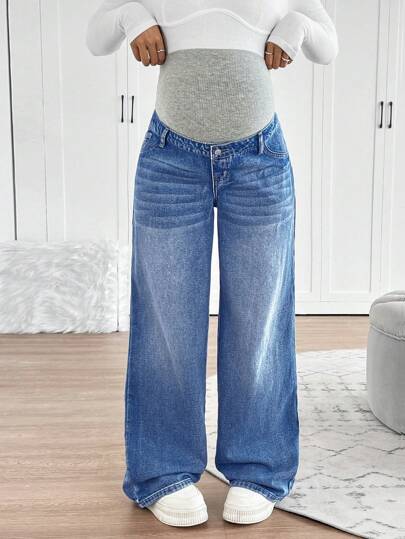 SHEIN Maternity Knitted Waist Support Relaxed Fit Straight Leg Jeans