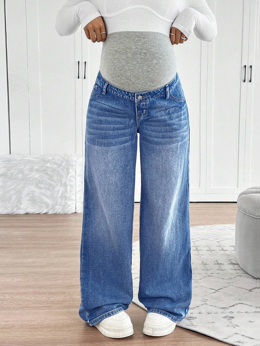 SHEIN Maternity Knitted Waist Support Relaxed Fit Straight Leg Jeans
