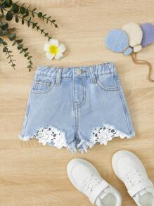 SHEIN Shorts jeans casual com bolso contrastante e franjas na bainha para meninas