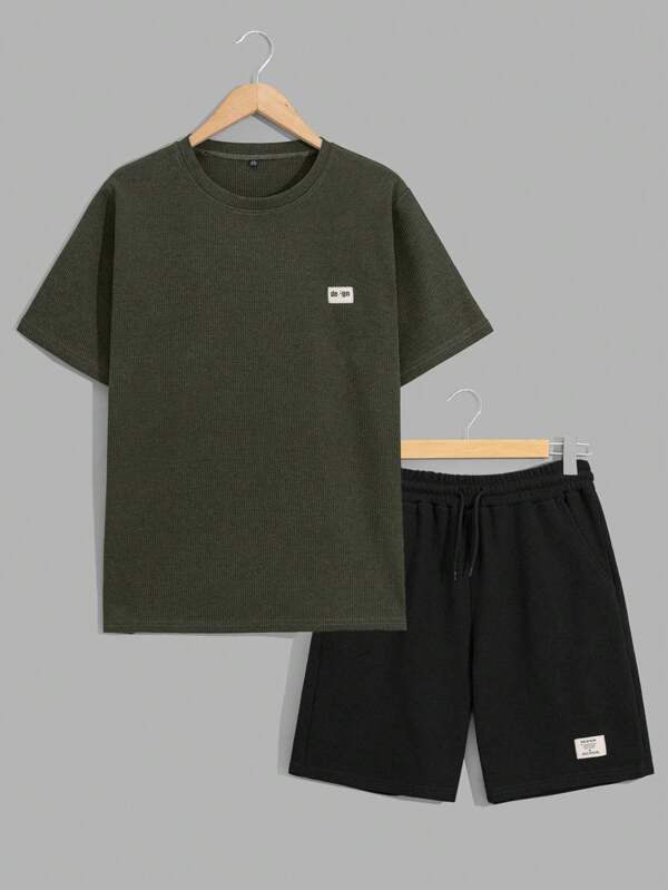 RueChic Heren Wafelstof Met Label Regular T-shirt & Short Set