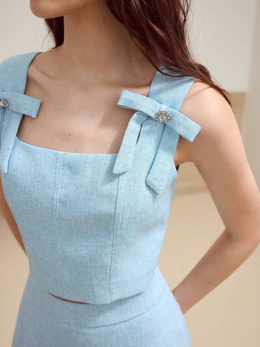 MOTF STUDIO BOW DECOR ZIPPER BACK SLEEVELESS TANK TOP,VALENTINE'S DAY - Baby Blue - View 2