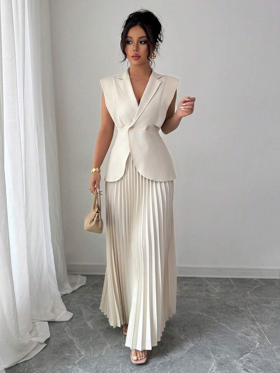 Selianne 优雅时尚优雅纯色亚麻混纺领子荷叶边腰部轮廓双排扣不对称下摆夹克和 A 字褶皱中裙女士套装 - 杏色 - 查看 1