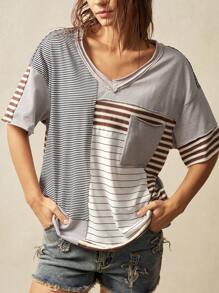 Bohemela Knit Striped Patchwork Loose Fitting Women Short Sleeve T-Shirt
