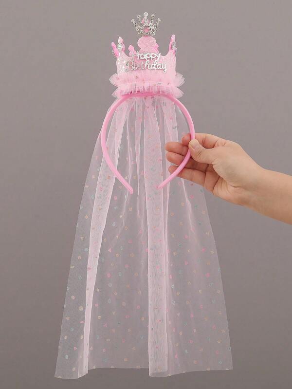 SHEIN 1Set Princess Pink Crown Headband With Cute 3D Veil And Fairy Mesh Hair Accessories, Suitable For Birthdays, Parties, Get-Togethers, Character Dress Up