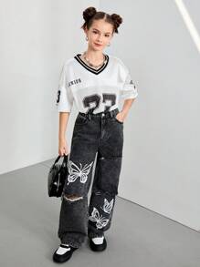 新款青少年女孩宽松基本款个性化阔腿直筒牛仔裤，黑色/灰色水洗舒适休闲日常长裤，蝴蝶印花，2025 年春夏 - 黑色 - 查看 1