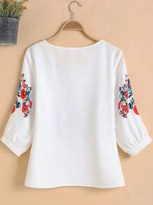 EMERY ROSE 女士花卉印花圆领 3/4 袖休闲假日衬衫 - 白色 - 查看 2