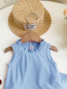 LMoss Kids 2pcs Baby Girl Solid Color Knitted Ruffled Collar Top And Shorts Set - Blue - View 4