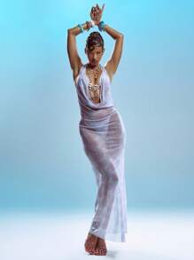 MUSERA Halterneck Multi Diamonte Trim Plunge Front Sheer Print Cut Out Maxi Dress Beach Swimwear Vacation Summer Holiday Cute Sexy Ibiza Elegant Y2k Marine