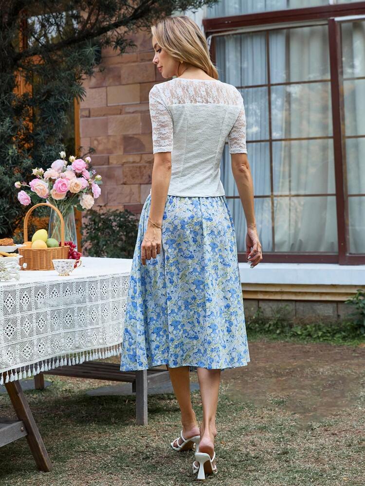 2pcs/Set Women's Summer Contrast Lace Short Sleeve Blouse And Floral Print Skirt Outfit Vacation Two Pieces Set Two Pieces Summer Set