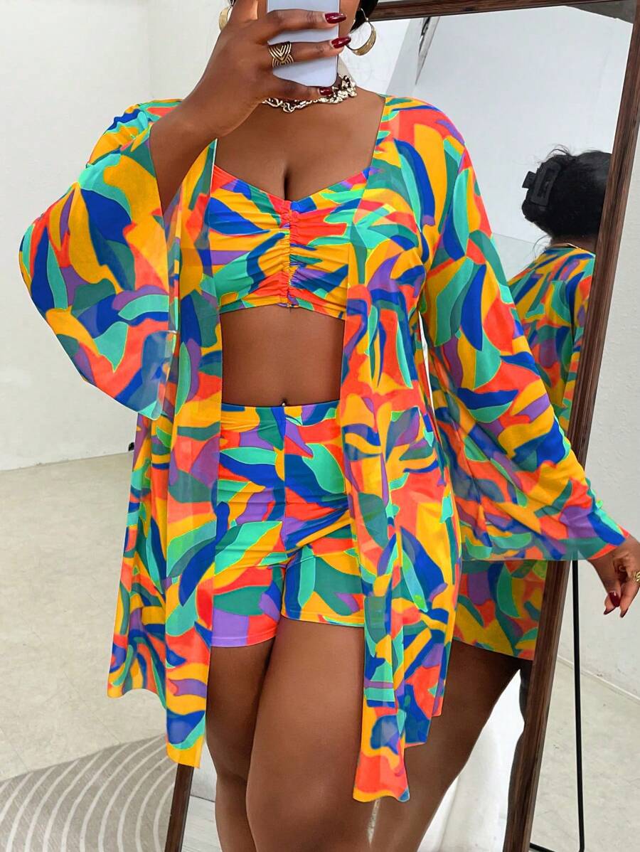 Slaydiva 3pcs/Set Plus Size Women Swimwear Set, Random Floral Print Cover Up, Casual Beach Outfit For Summer - Multicolor - View 1