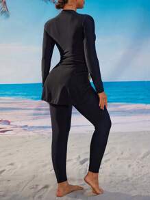 Swim Mulvari Middle Eastern Style Elegant Romantic Floral Decor Long Sleeve Full Coverage 3 PiecesBurkini Set, Including Long Dress And Pants