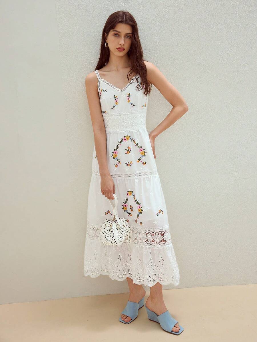 MOTF STUDIO FLOWER EMBROIDERY RUFFLE HEM CAMI DRESS