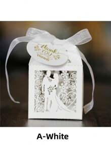 SHEIN 25 Stücke/Packung Braut & Bräutigam Lasergeschnittene perlmuttfarbene Papier-Süßigkeitendose mit Schleife & Dankeschön-Anhänger & Rosenblumendesign, kleine Größe (5*5*8cm) Hochzeitsfeier Geschenkbox