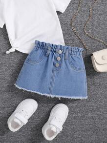 SHEIN Baby Girls' Denim Skirt With Frayed Hem, Spring Summer Cute Boho Ruffled Waist - Light Wash - View 6