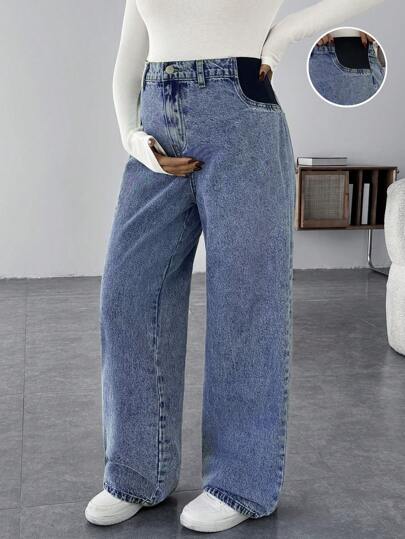 SHEIN Maternity Casual Loose Wide-Leg Blue Jeans Women Jeans Baggy Jeans Casual Loose Wide Leg Pants Blue Women Straight Jeans Thanksgiving Wide Waist