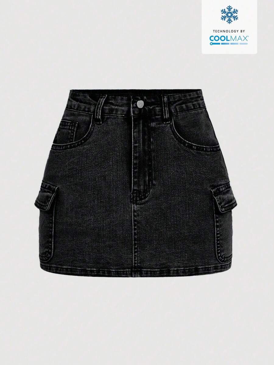 SHEIN MOD Women's Casual Distressed Denim A-Line Cargo Skirt - Black - View 1