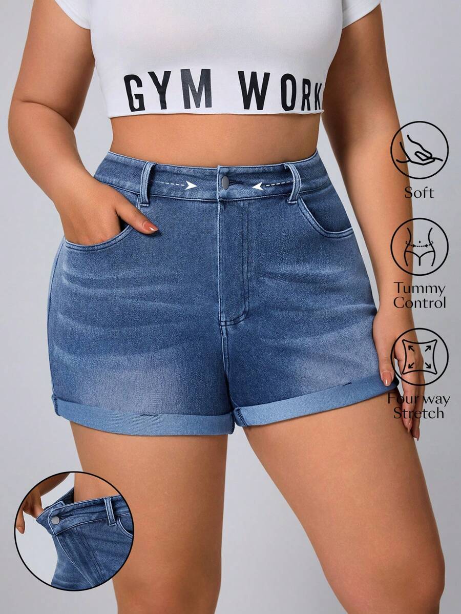 SHEIN Essnce Plus Size Women's Pocketed Cuffed Casual Versatile Denim Shorts - Blue - View 1